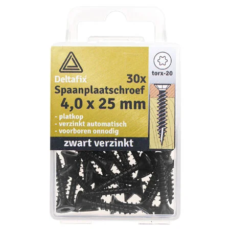 Lage Kosten Deltafix Spaanplaatschroef PK TX-20 4 x 25 mm zwart VZ 30 Stuks