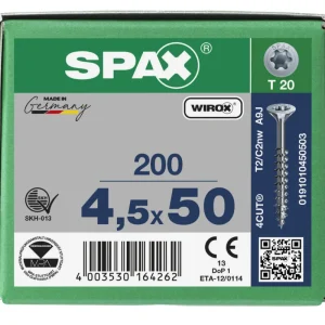 Spax spaanplaatschroeven T20 verzinkt 4.5 x 50 mm deeldraad 200 stuks Bestseller