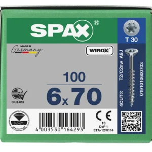 Spax spaanplaatschroeven T30 verzinkt 6 x 70 mm deeldraad 100 stuks Uitverkoop