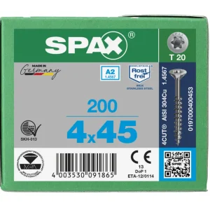 Spax spaanplaatschroeven T20 RVS A2 4 x 45 mm deeldraad 200 stuks Laatste Kans