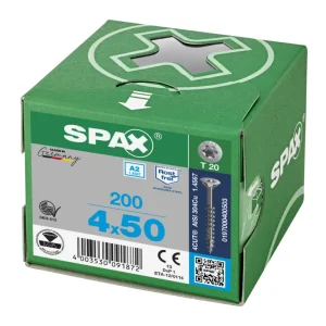 Spax spaanplaatschroeven T20 RVS A2 4 x 50 mm deeldraad 200 stuks Op = Op
