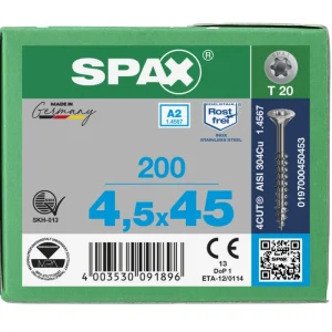 Koopje Spax spaanplaatschroeven T20 RVS A2 4.5 x 45 mm deeldraad 200 stuks