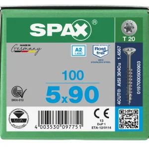 Spax spaanplaatschroeven T20 RVS A2 5 x 90 mm deeldraad 100 stuks Finale Uitverkoop