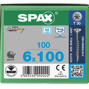 Spax spaanplaatschroeven T30 RVS A2 6 x 100 mm deeldraad 100 stuks Op = Op