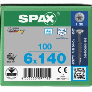 Spax spaanplaatschroeven T30 RVS A2 6 x 140 mm deeldraad 100 stuks Hoge Kwaliteit
