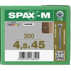 Spax spaanplaatschroeven T20 met boorpunt verzinkt 4.5 x 45 mm deeldraad 200 stuks Voordeelprijs