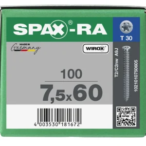 Spax kozijnschroeven T30 verzinkt 7.5 x 60 mm voldraad 100 stuks Bestel Nu