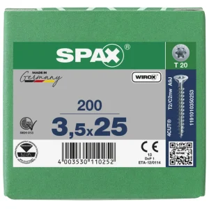 Spax spaanplaatschroeven T20 verzinkt 3.5 x 25 mm voldraad 200 stuks Gecertificeerd