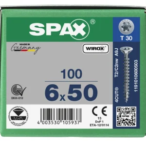 Spax spaanplaatschroeven T20 verzinkt 6 x 50 mm voldraad 100 stuks Tijdelijk Beschikbaar