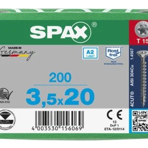 Spax spaanplaatschroeven T15 RVS A2 3.5 x 20 mm mm voldraad 200 stuks Flitsaanbieding