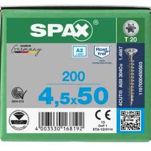 Spax spaanplaatschroeven T20 RVS A2 4.5 x 50 mm voldraad 200 stuks Snelle Levering