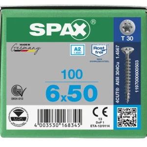 Spax spaanplaatschroeven T30 RVS A2 6 x 50 mm voldraad 100 stuks Uitverkoop