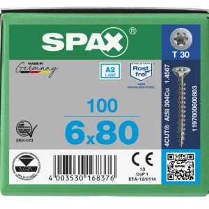 Spax spaanplaatschroeven T30 RVS A2 6 x 80 mm voldraad 100 stuks Superprijs