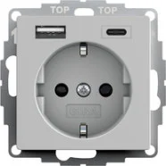 Beperkte Voorraad Gira 2459015 Systeem 55 Wandcontactdoos met randaarde 16A 250V met geïntegreerde verhoogde aanraakbeveiliging en USB-voeding Grijs mat