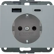 Berker 48147003 K.1/K.5 Wandcontactdoos met randaarde en steekklemen en USB A+C Aluminium Alleen Vandaag