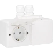 Tijdelijk Beschikbaar Niko 701-37836 Spuitwaterdicht dubbel horizontaal stopcontact 16 A/250 Vac met beschermingsafsluiters en voorbedraad Inclusief doos met twee M20-ingangen met wartel, insteekklemmen Wit