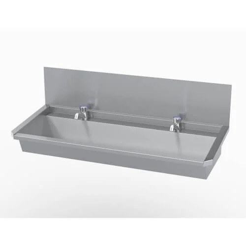 Must-Have Intersan Sanilav muurwastrog met wastafelkraan met 1/4 draaiknop, met verlengde uitloop 2-personen RVS 120cm