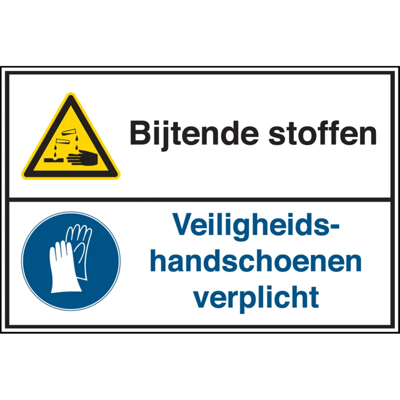 Brady - Gebodspictogram - Gecombineerde pictogram - Bijtende stoffen / Veiligheidshandschoenen verplicht - Bijtende stoffen Veiligheids-handschoenen verplicht - STN 263-297X210-B7541 - 223780 - 86223780 Tijdelijk Beschikbaar