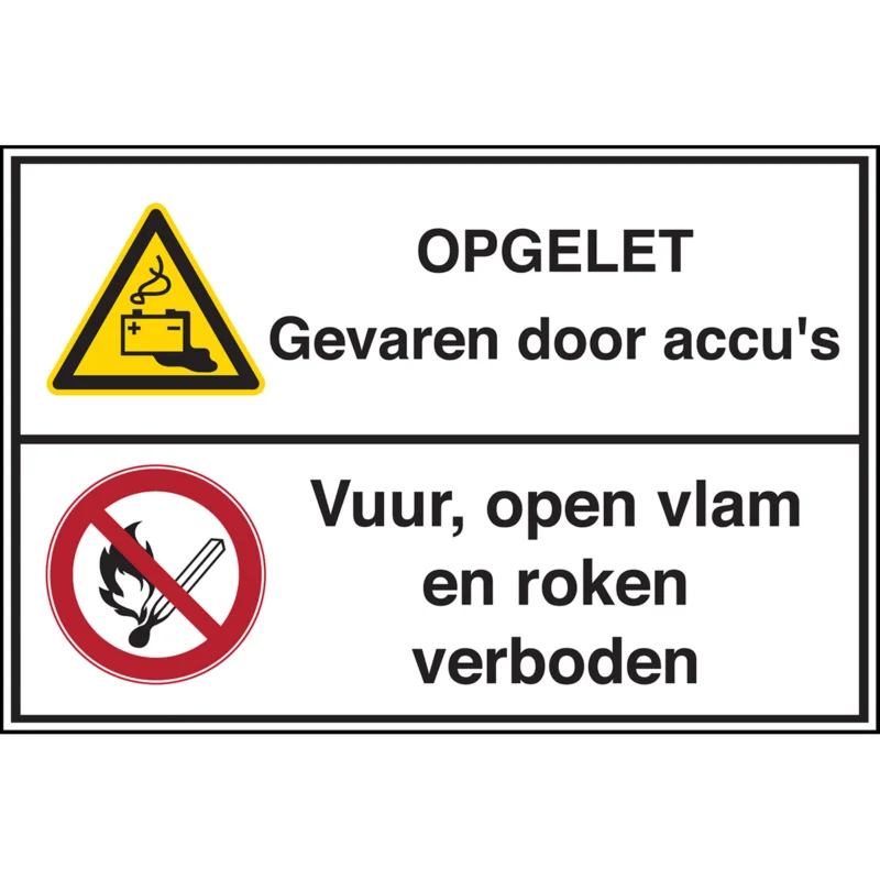 Brady - Waarschuwingspictogram - Gecombineerde pictogram - Opgelet gevaren door accu’s / Vuur, open vlam en roken verboden - OPGELET Gevaren door accu‘s Vuur, open vlam en roken verboden - STN 271-297X210-B7541 - 223974 - 86223974 Gratis Retour