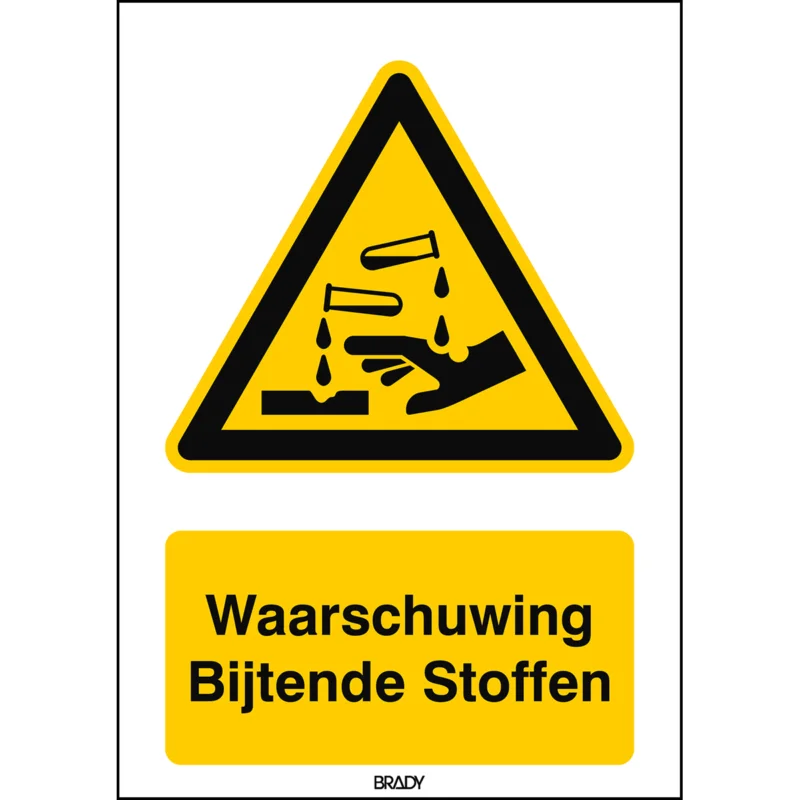 Brady - Waarschuwingspictogram - ISO Veiligheidspictogram - Waarschuwing Bijtende Stoffen - W/W023/NL333/TW-297X420-1 - 236074 - 86236074 Fabrieksprijs